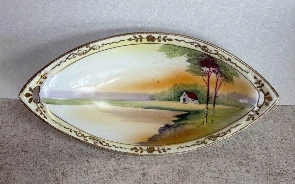 Vtg Meito China Japan Gold Scroll Hand Painted Oval Celery Relish Dish Bowl